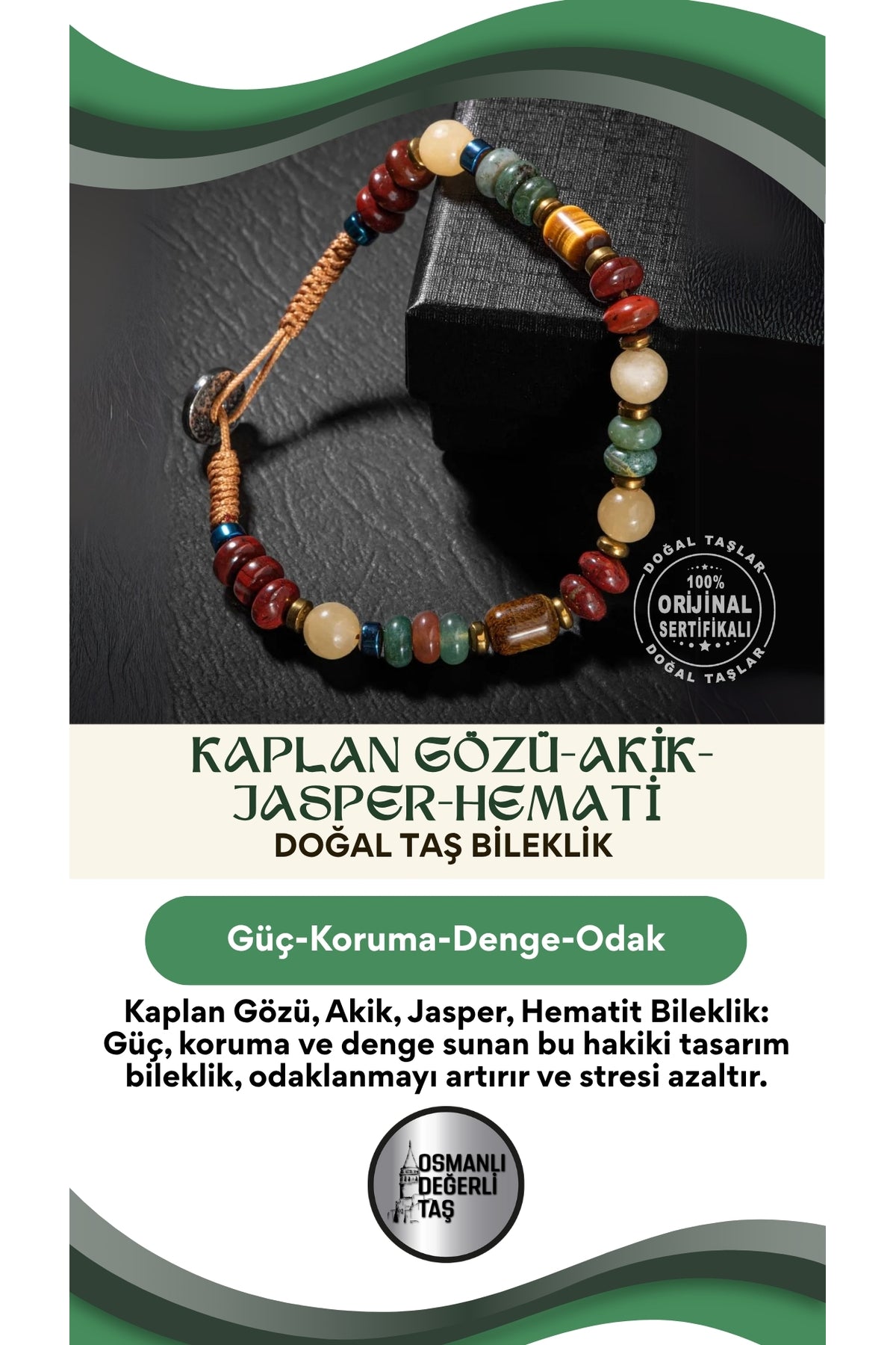 Sertifikalı Kaplan Gözü Akik Jasper Hematit Doğal Taşlı Hakiki Tasarım Bileklik
