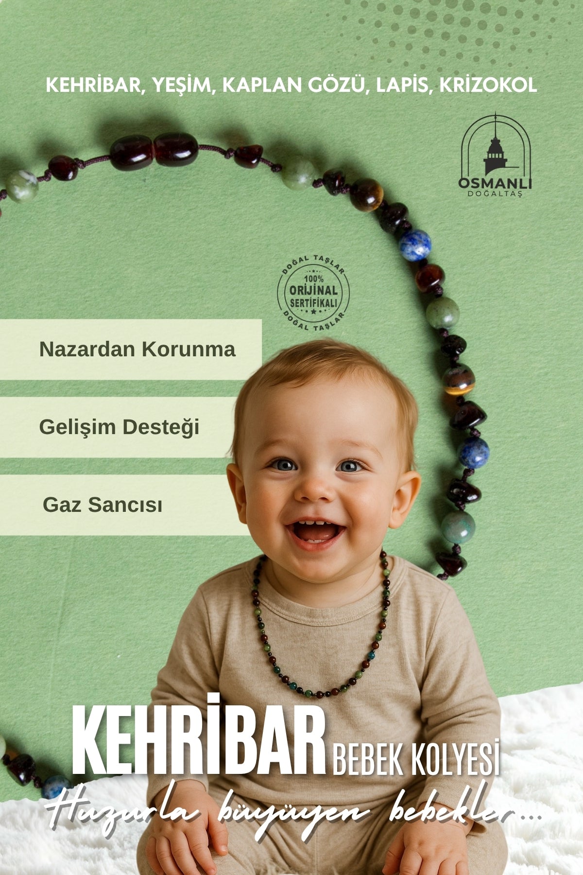 Sertifikalı Doğal Taş Bebek Kolye - Yeşim-lapis-kehribar-kaplan Gözü-krizokol