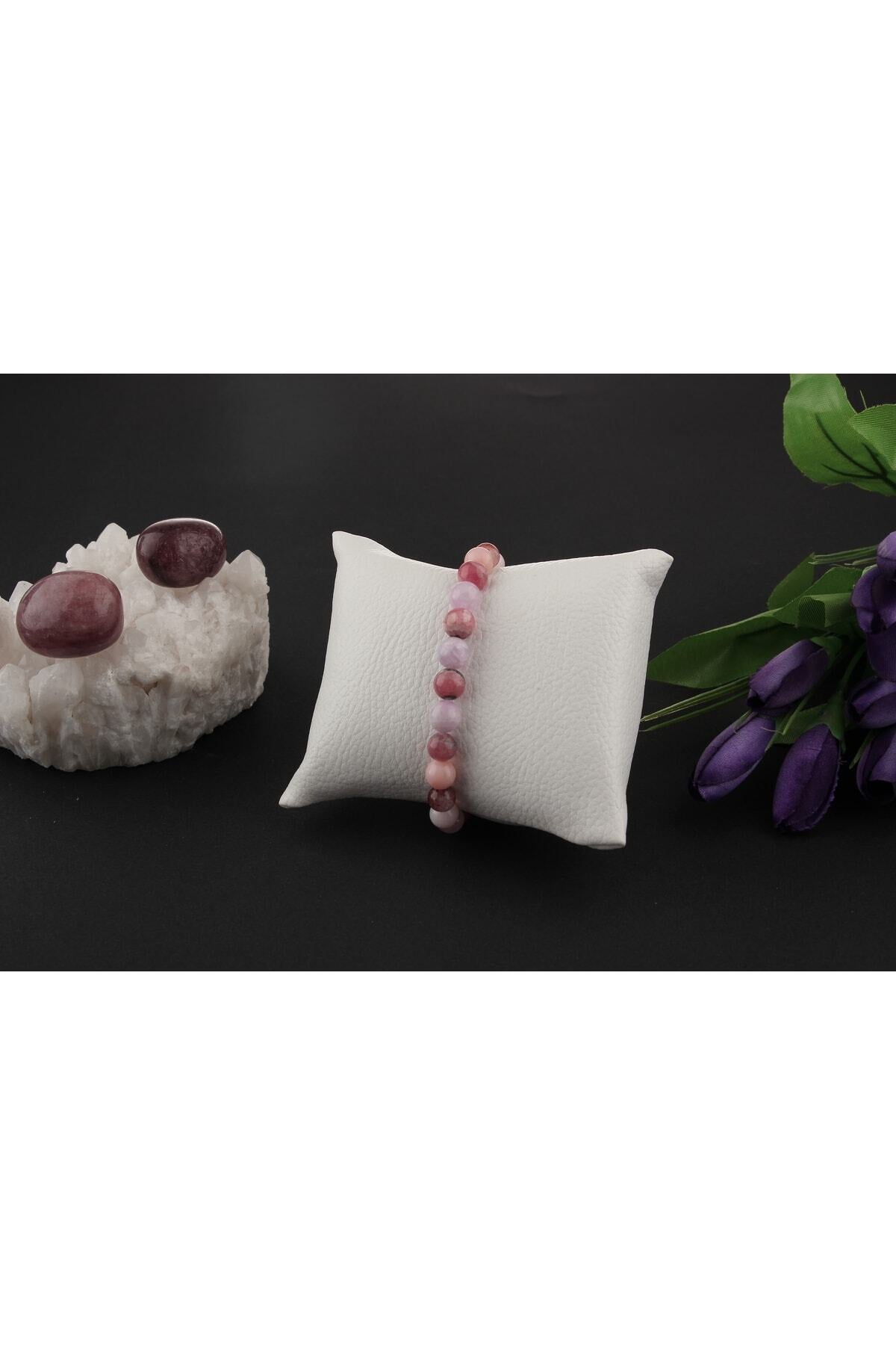 Pembe Kuvars, Pembe Opal, Altın Rutilli Kuvars, Hakiki Yemen Akiği, Rodokrozit, Kunzit Bileklik B905