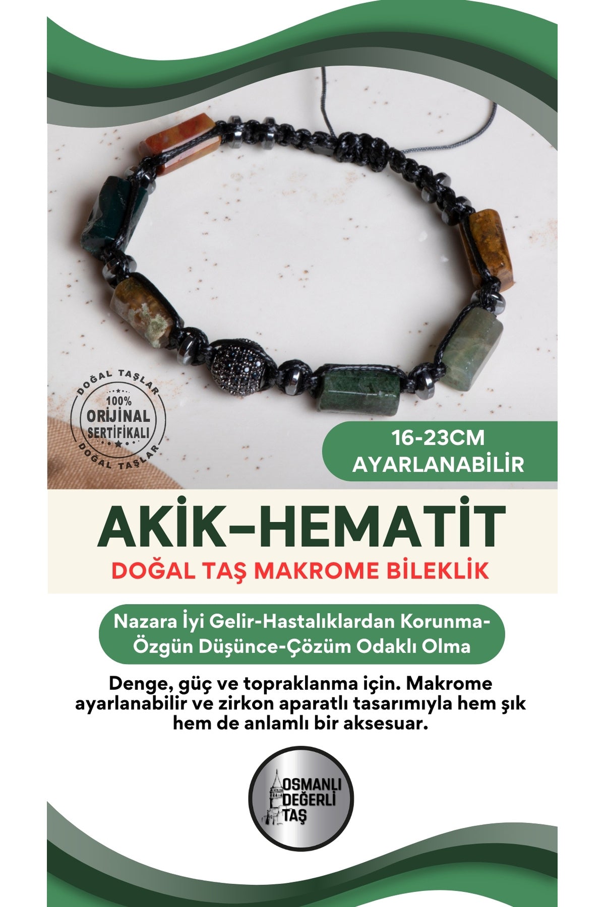 SERTİFİKALI Akik-Hematit Doğal Taş Makrome Ayarlanabilir Zirkon Aparatlı Bileklik