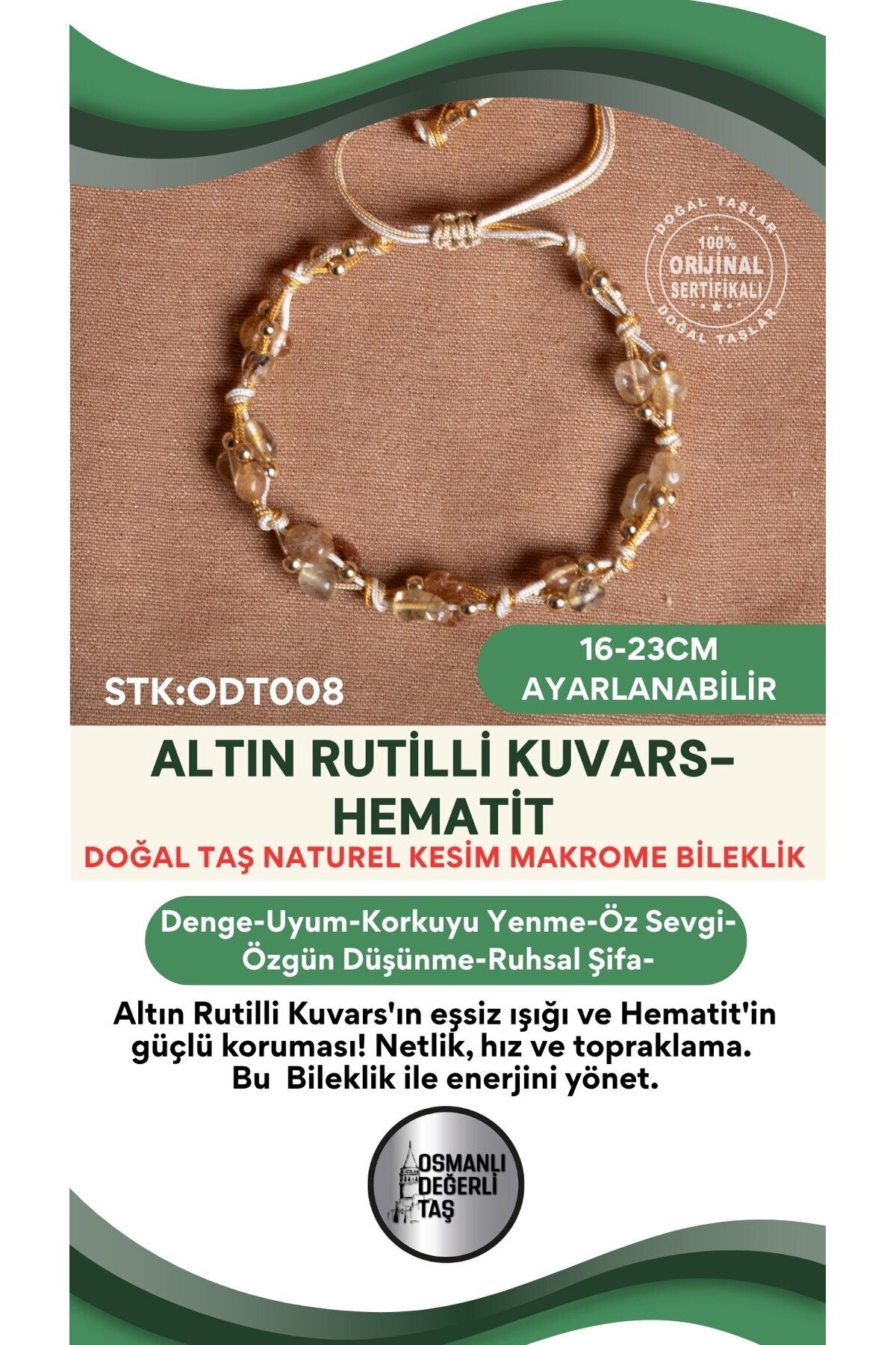 Sertifikalı Doğal Taş Altın Rutilli Kuavrs-Hematit Naturel Kesim Makrome Bileklik ODT008