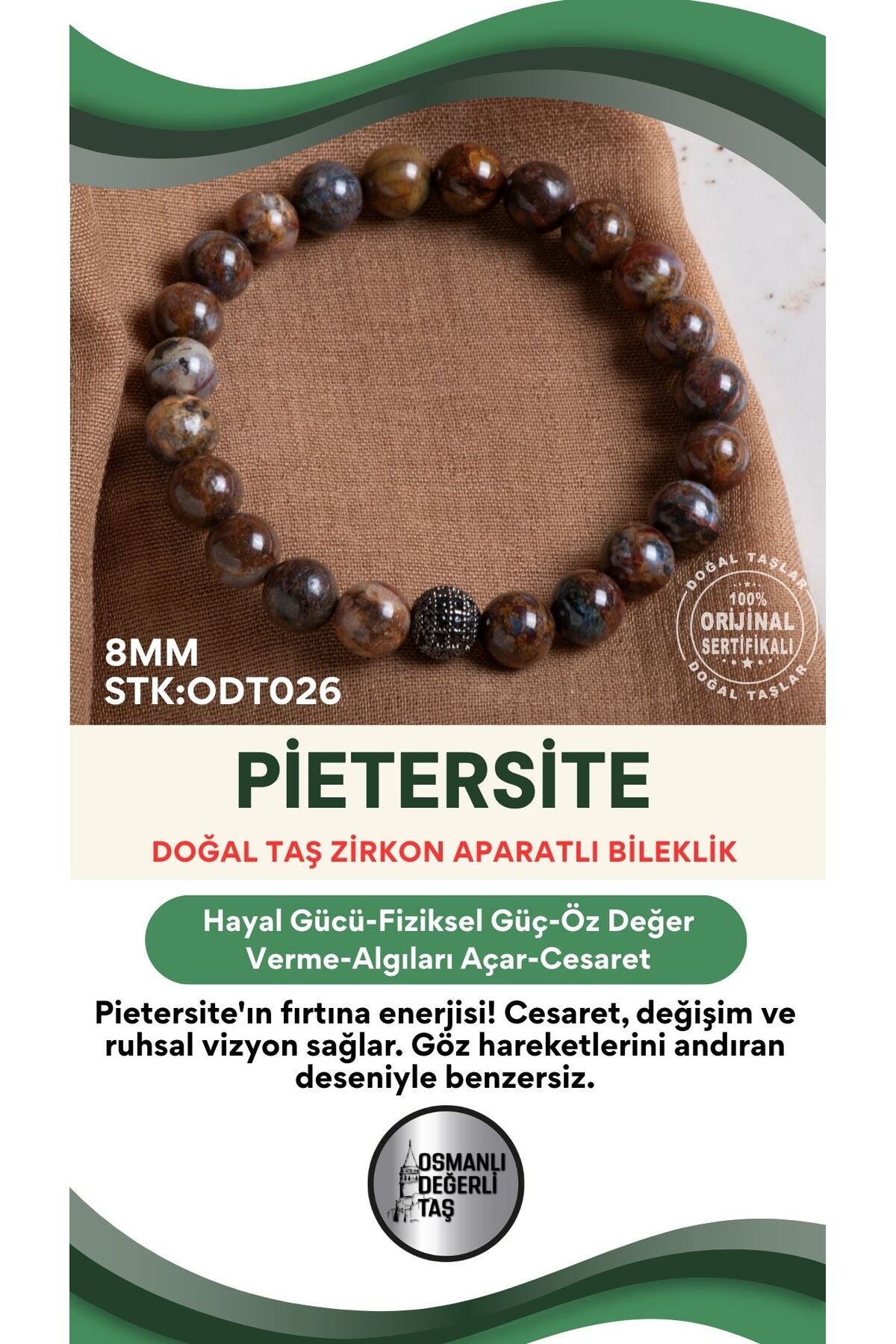 Sertifikalı Pietersite Doğal Taş Zirkon Aparatlı Bileklik ODT026