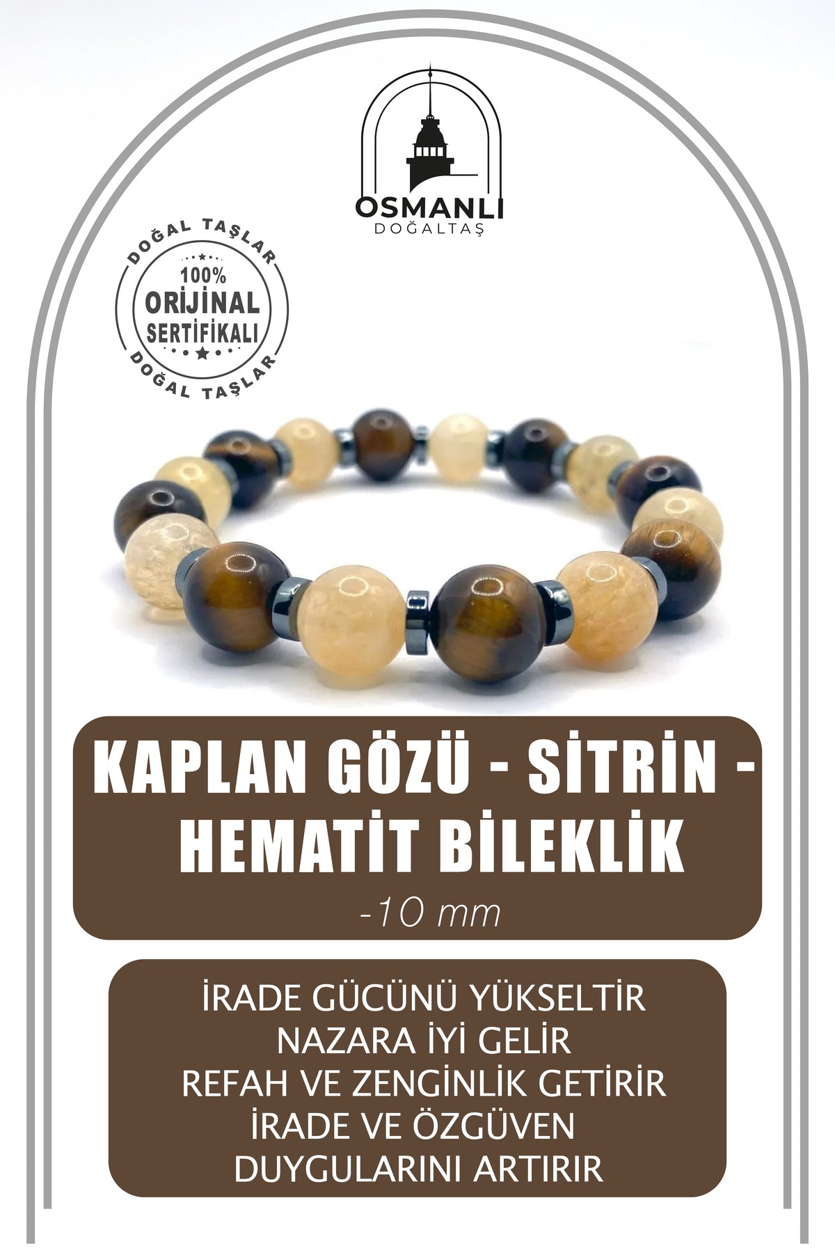 Kaplan Gözü - Sitrin - Hematit 10mm Doğal Taş Bileklik