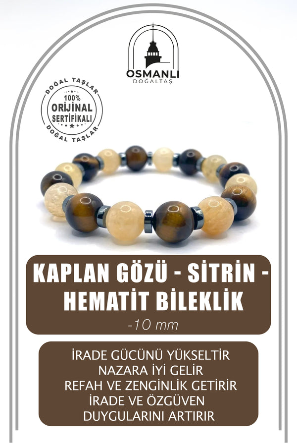 Kaplan Gözü - Sitrin - Hematit 10mm Doğal Taş Bileklik