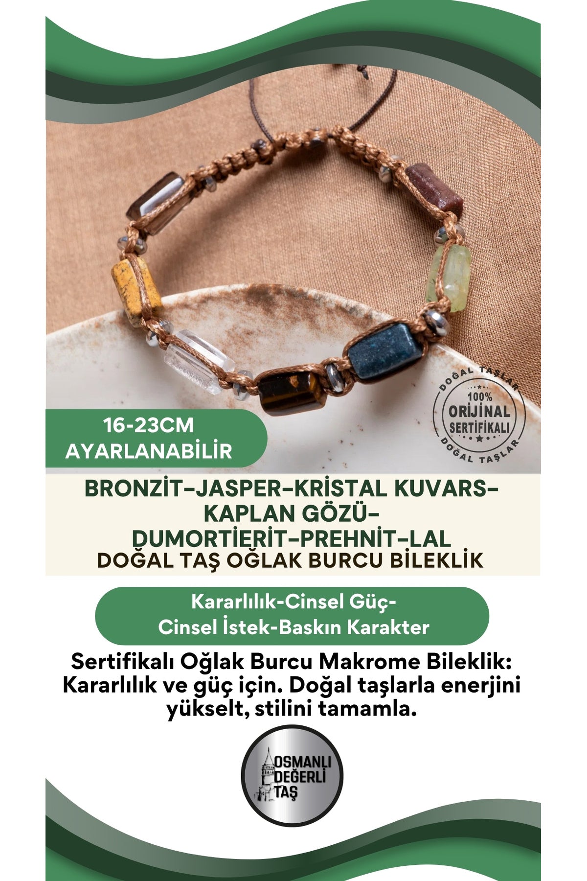 SERTİFİKALI Oğlak Burcu Doğal Taş Makrome Ayarlanabilir Bileklik