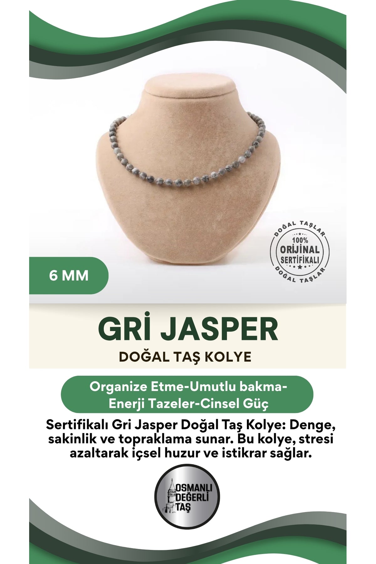 Sertifikalı Gri Jasper Doğaltaş Kolye 6 Mm, M569