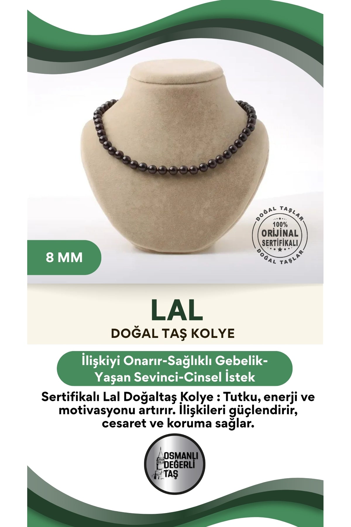 Sertifikalı Lal Doğaltaş Kolye 8 Mm, M530