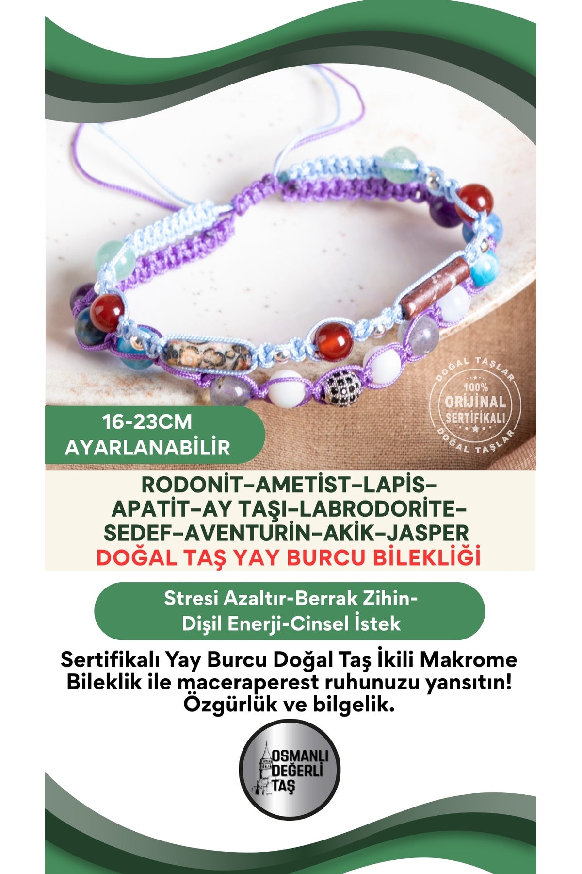 SERTİFİKALI Yay Burcu Doğal Taş İkili Makrome Bileklik