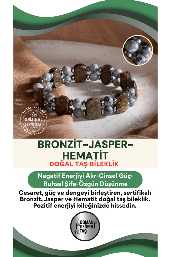 SERTİFİKALI Bronzit-Jasper-Hematit Doğal Taş Bileklik