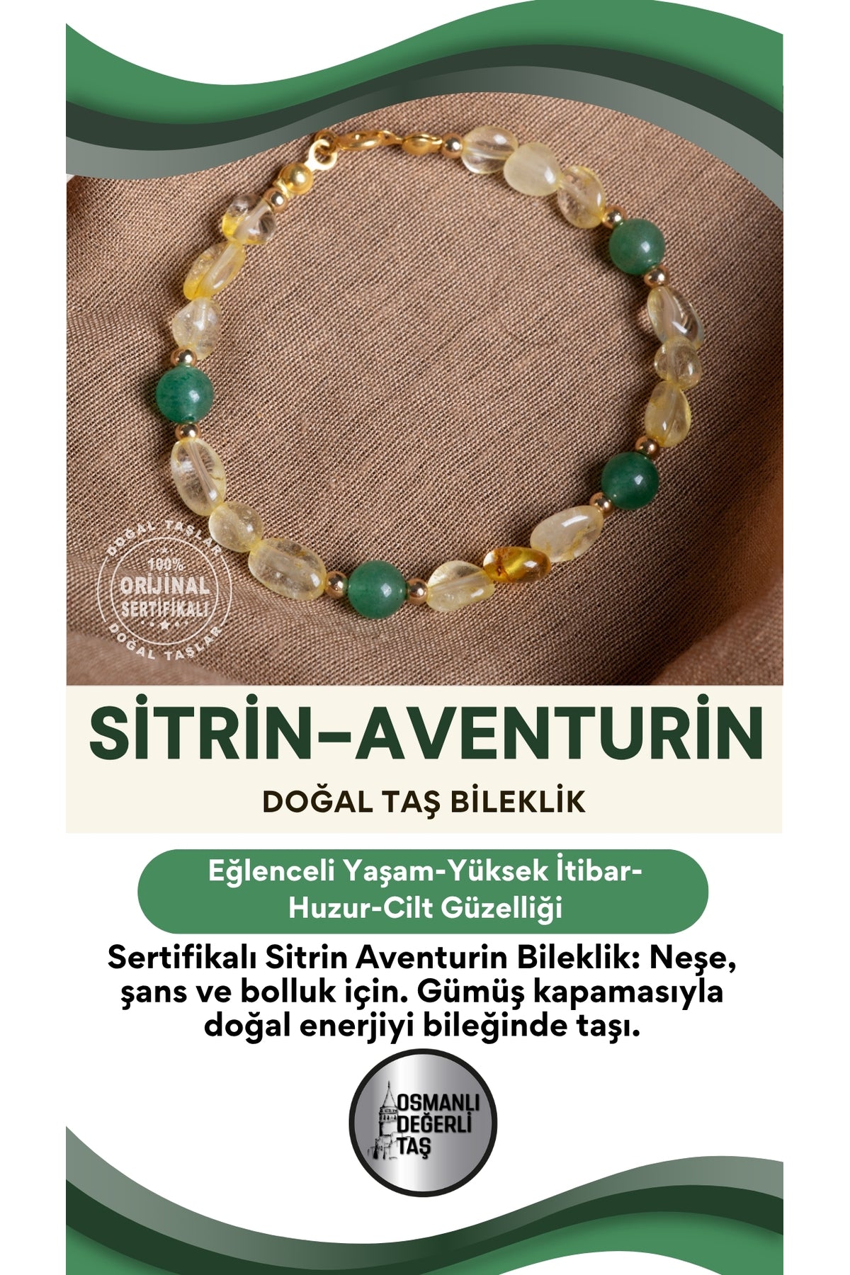 SERTİFİKALI Sitrin Aventurin Doğal Taş Gümüş Kapama Bileklik