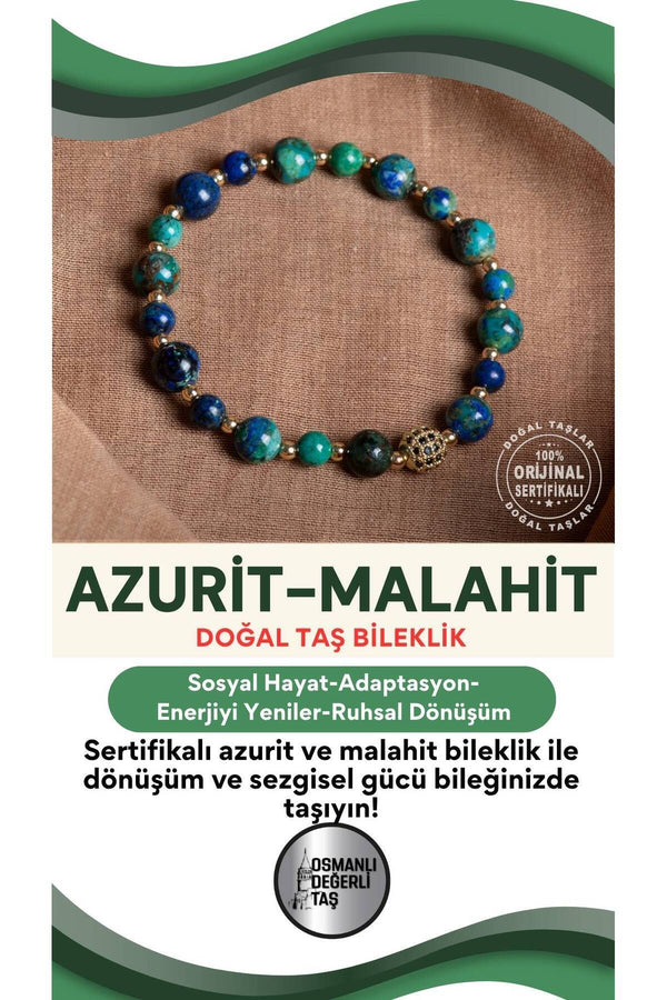 SERTİFİKALI Azurit-Malahite Doğal Taş Bileklik 6-8 mm
