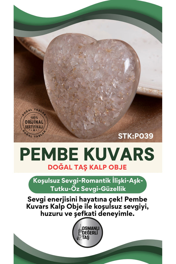 Sertifikalı Pembe Kuvars Doğal Taş Kalp Obje P039