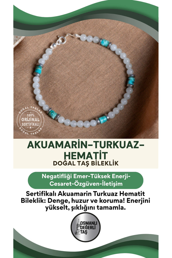 SERTİFİKALI Akuamarin Turkuaz Hematit Doğal Taş Bileklik