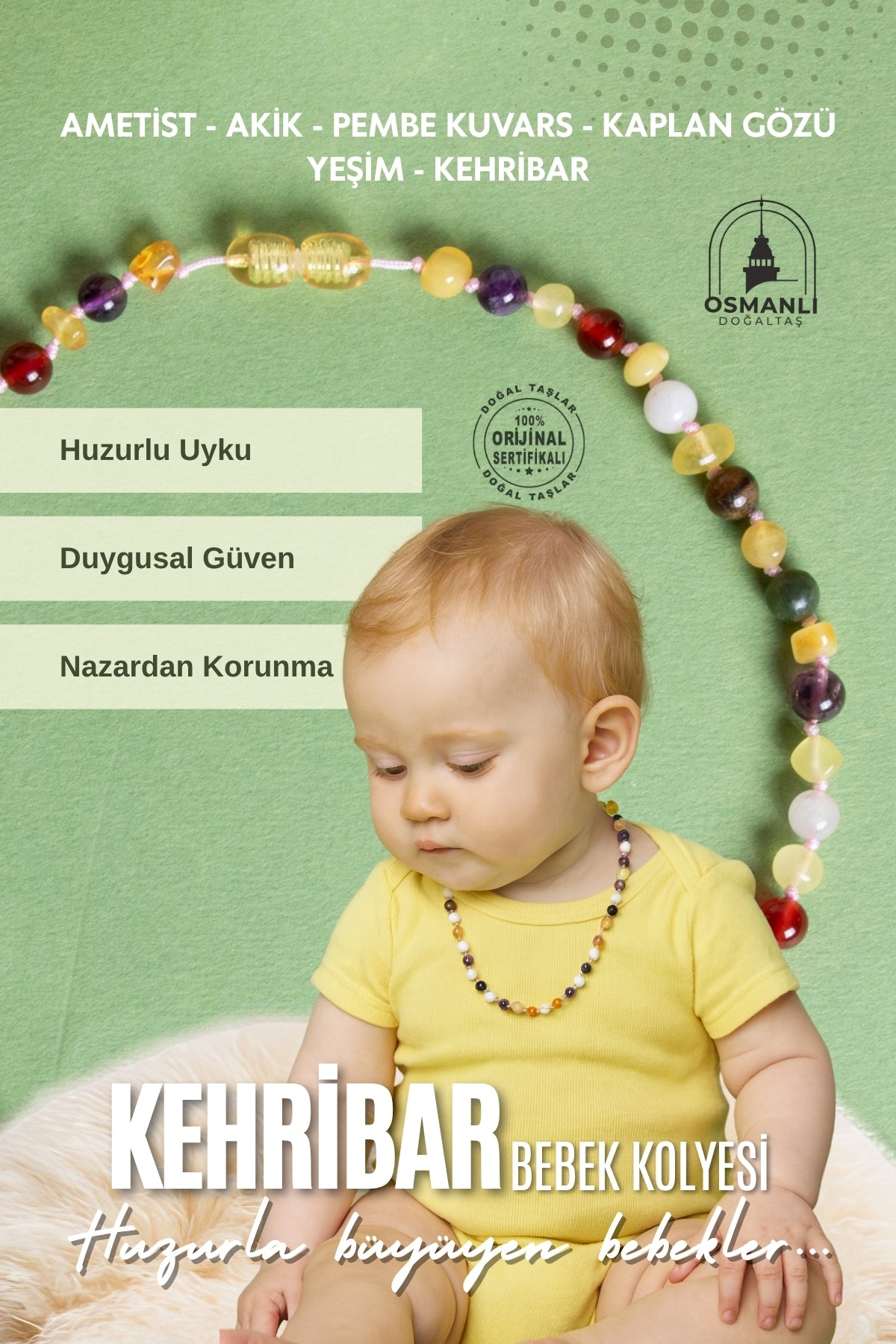 Sertifikalı Doğal Taş Bebek Kolye - Kehribar,yeşim,kaplan Gözü,ametist,pembe Kuvars, Akik