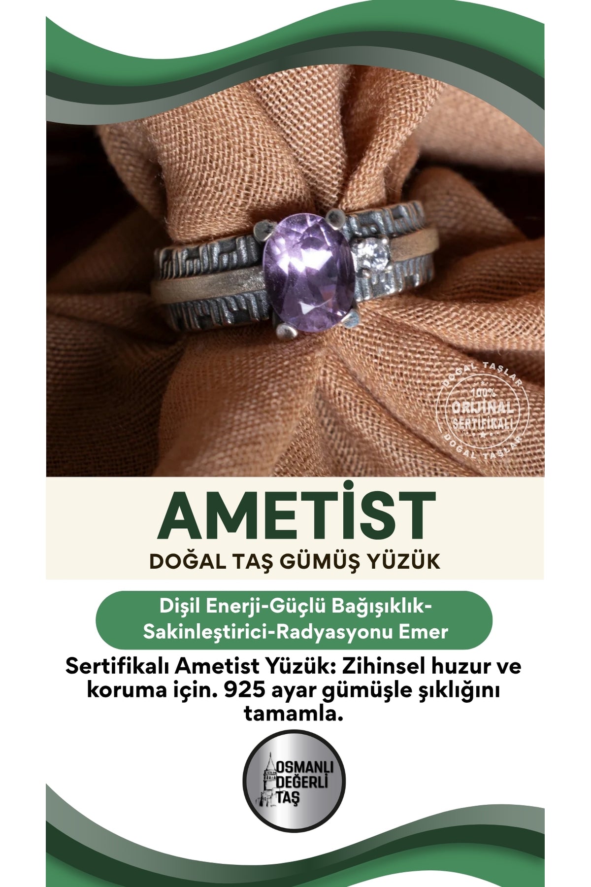 SERTİFİKALI Ametist Doğal Taş 925 Ayar Gümüş Yüzük