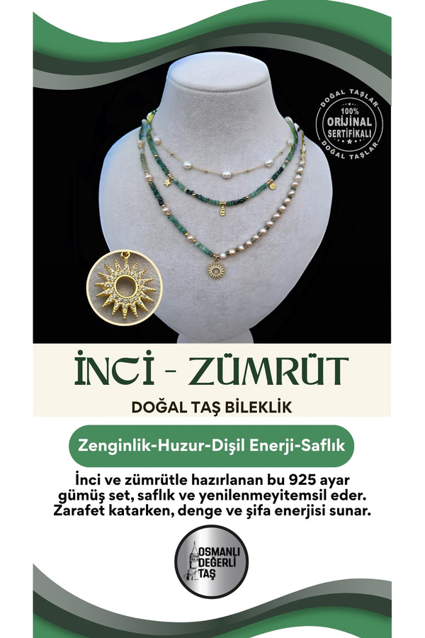 Sevgililer Günü Özel İnci - Zümrüt Doğal Taş 925 Ayar Gümüş Kolye Seti