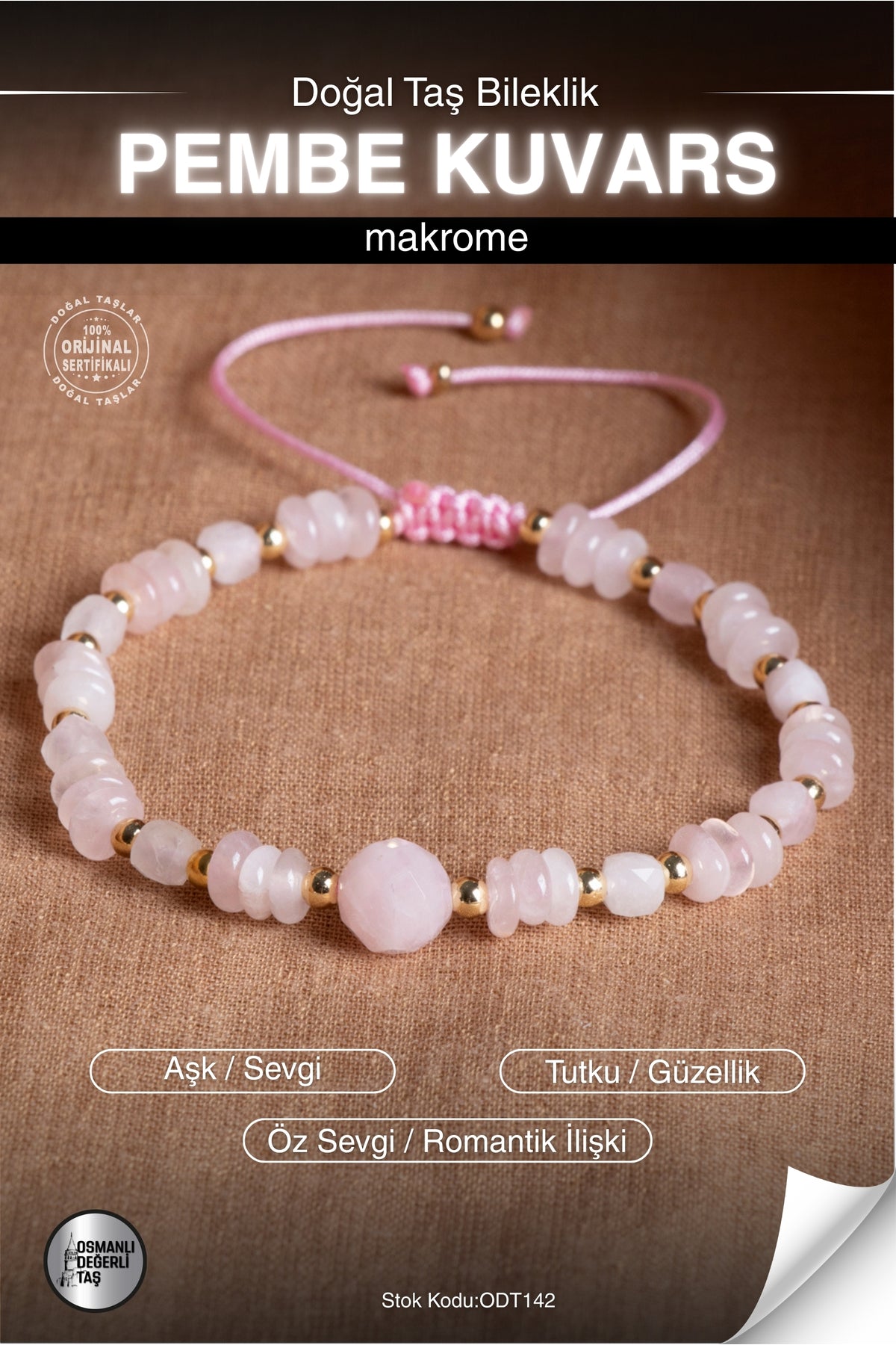 Sertifikalı PEMBE KUVARS Doğal Taş Makrome Bileklik ODT142