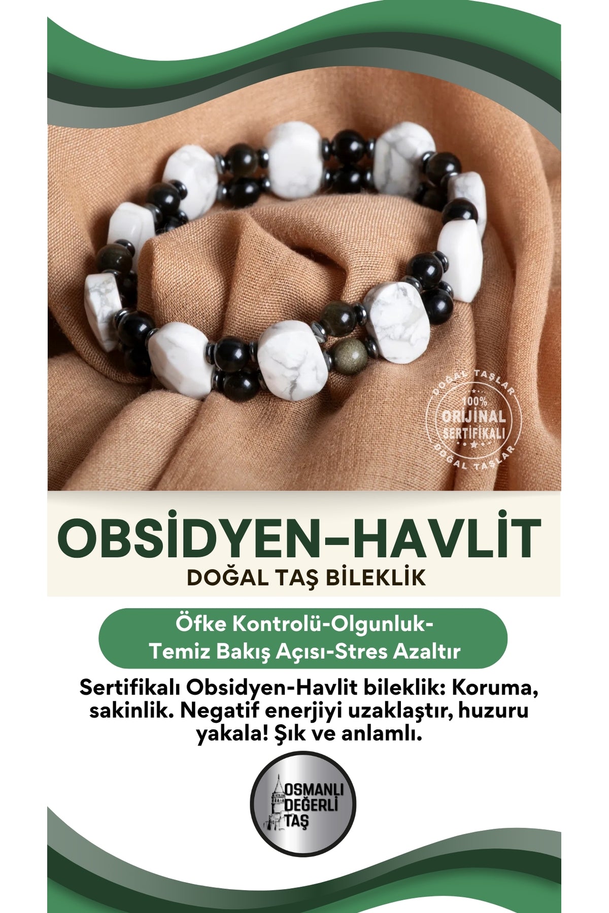 Sertifikalı Obsidyen - Havlit doğal taş bileklik