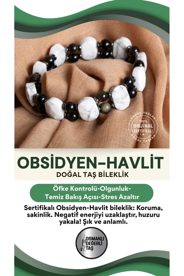Sertifikalı Obsidyen - Havlit doğal taş bileklik