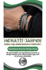 Sertifikalı 925 Ayar Gümüş Hematit Jasper Doğal Taşlı Erkek Bileklik & Yüzük Seti Ayarlanabilir Ölçü