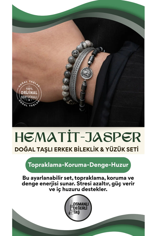 Sertifikalı 925 Ayar Gümüş Hematit Jasper Doğal Taşlı Erkek Bileklik & Yüzük Seti Ayarlanabilir Ölçü