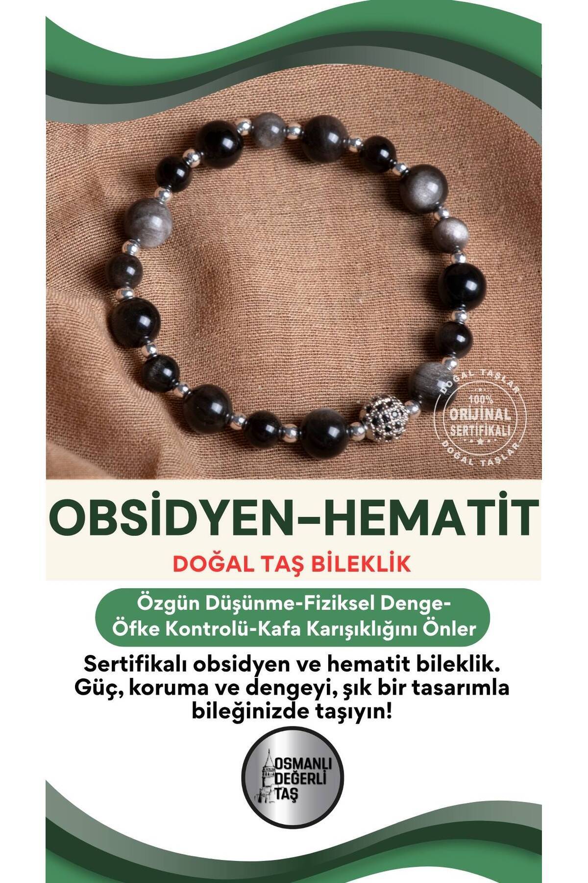 SERTİFİKALI Obsidyen-Hematit Doğal Taş Bileklik 6-8 mm
