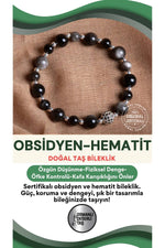 SERTİFİKALI Obsidyen-Hematit Doğal Taş Bileklik 6-8 mm