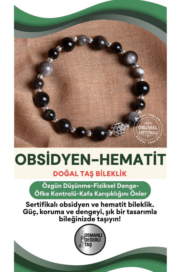 SERTİFİKALI Obsidyen-Hematit Doğal Taş Bileklik 6-8 mm