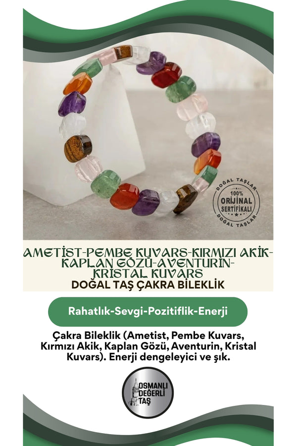 Çakra Bileklik Ametist Pembe Kuvars Kırmızı Akik Kaplan G. Aventurin Kristal Kuvars