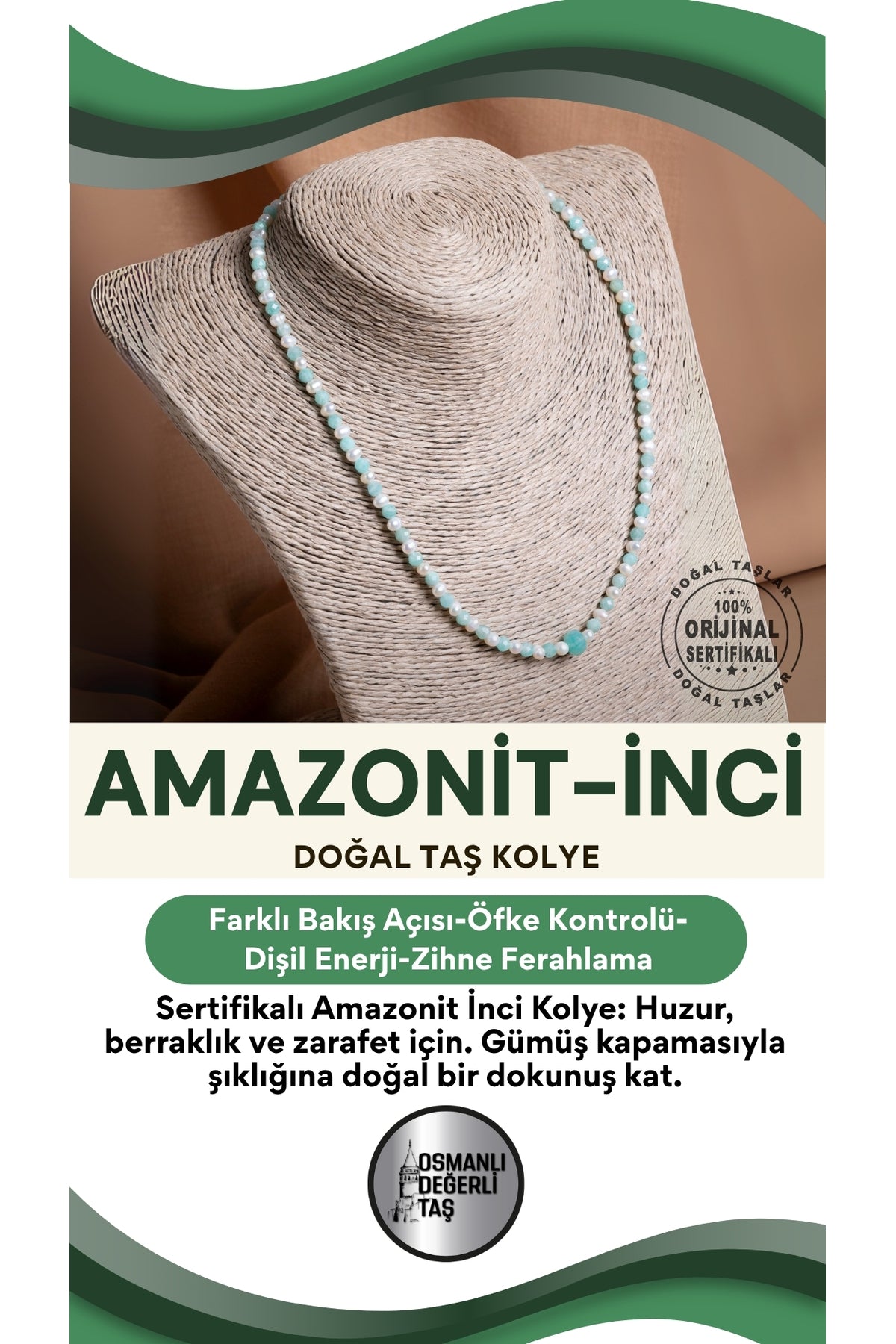 SERTİFİKALI Amazonit İnci Doğal Taş Gümüş Kapama Kolye