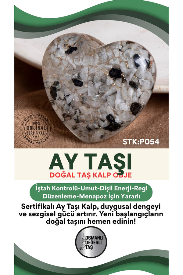 Sertifikalı Ay Taşı Doğal Taş Kalp Obje P054