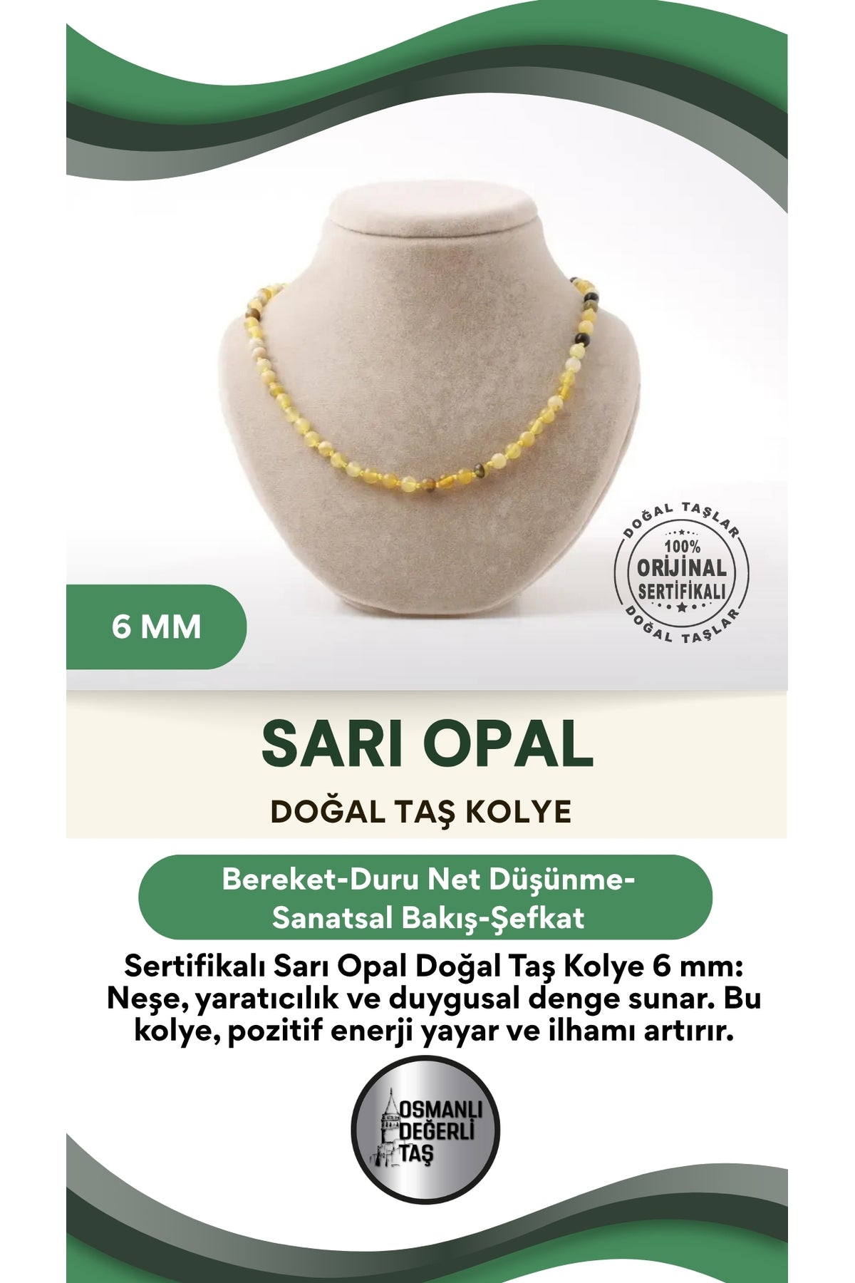 Sertifikalı Sarı Opal Doğaltaş Kolye 6 Mm, M589
