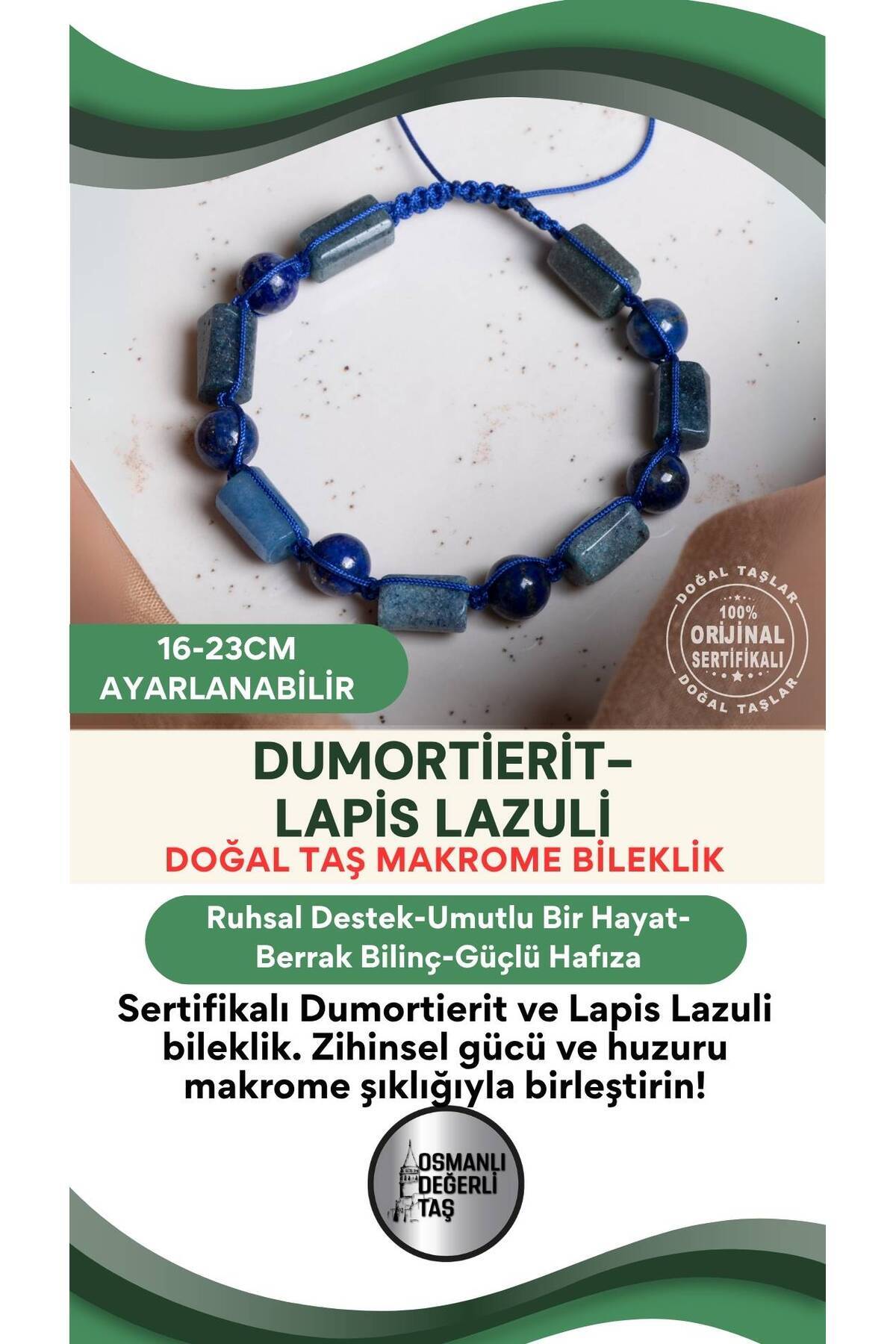 SERTİFİKALI Dumortierite- Lapis Lazuli Doğal Taş Ayarlanabilir Makrome Bileklik