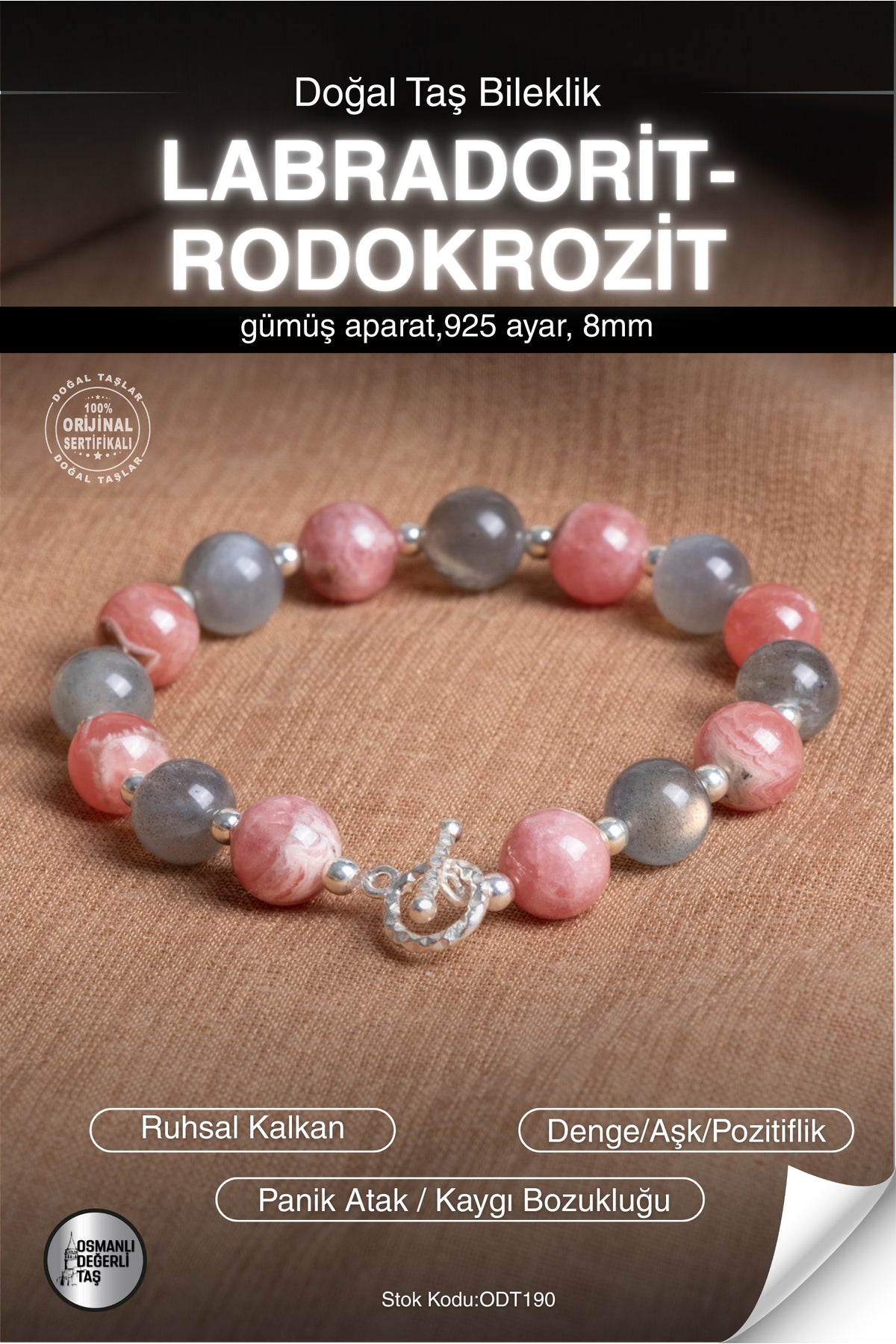 SERTİFİKALI Labradorit-Rodokrosit Doğal Taş Gümüş Aparat Bileklik ODT190