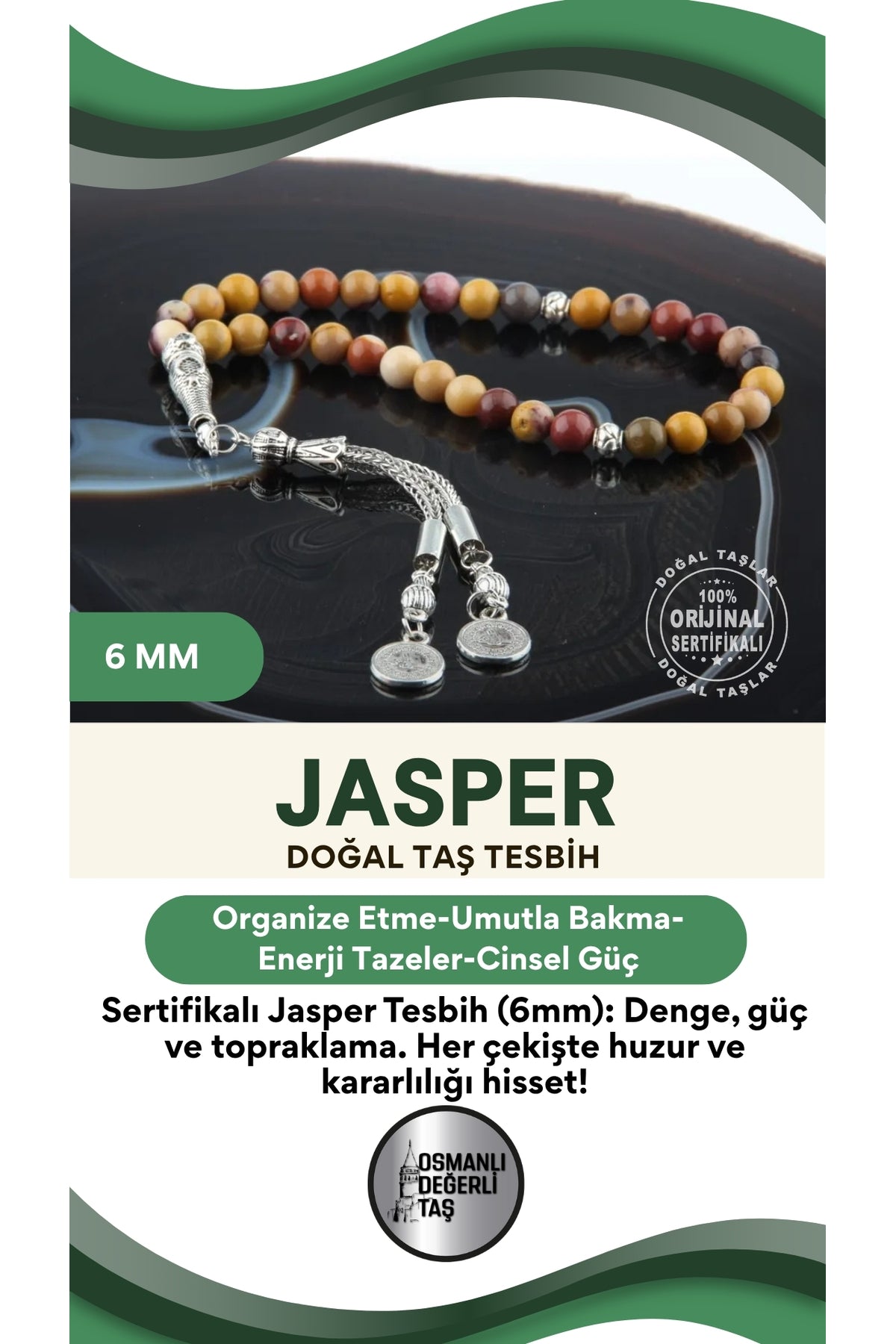 Sertifikalı Jasper Doğaltaş Tesbih 6 Mm, T208