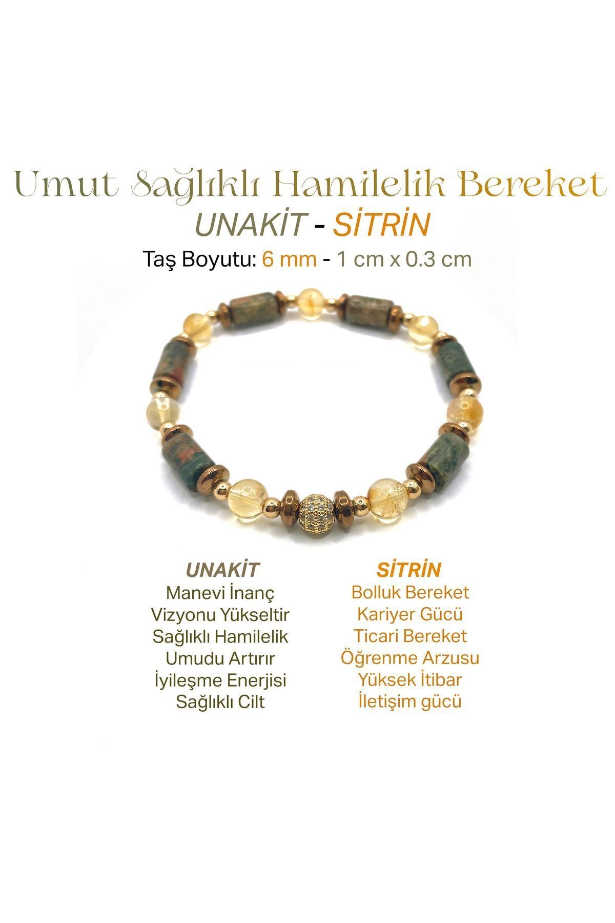 Sertifikalı Hakiki Orijinal 6mm Sitrin-Unakit-Hematit–Zirkon Aparatlı Doğal Taş Misinalı Bileklik