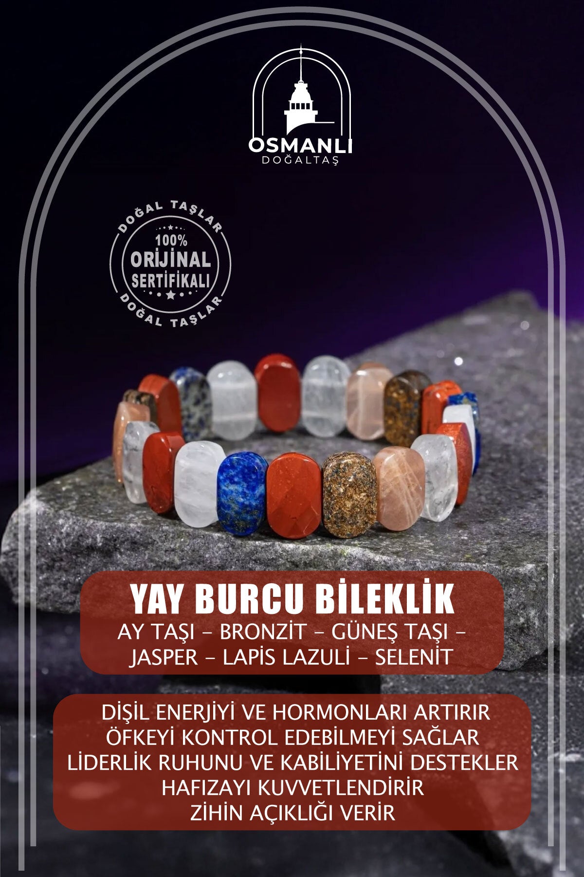 Yay Burcu Doğal Taş Geniş Kesim Bileklik