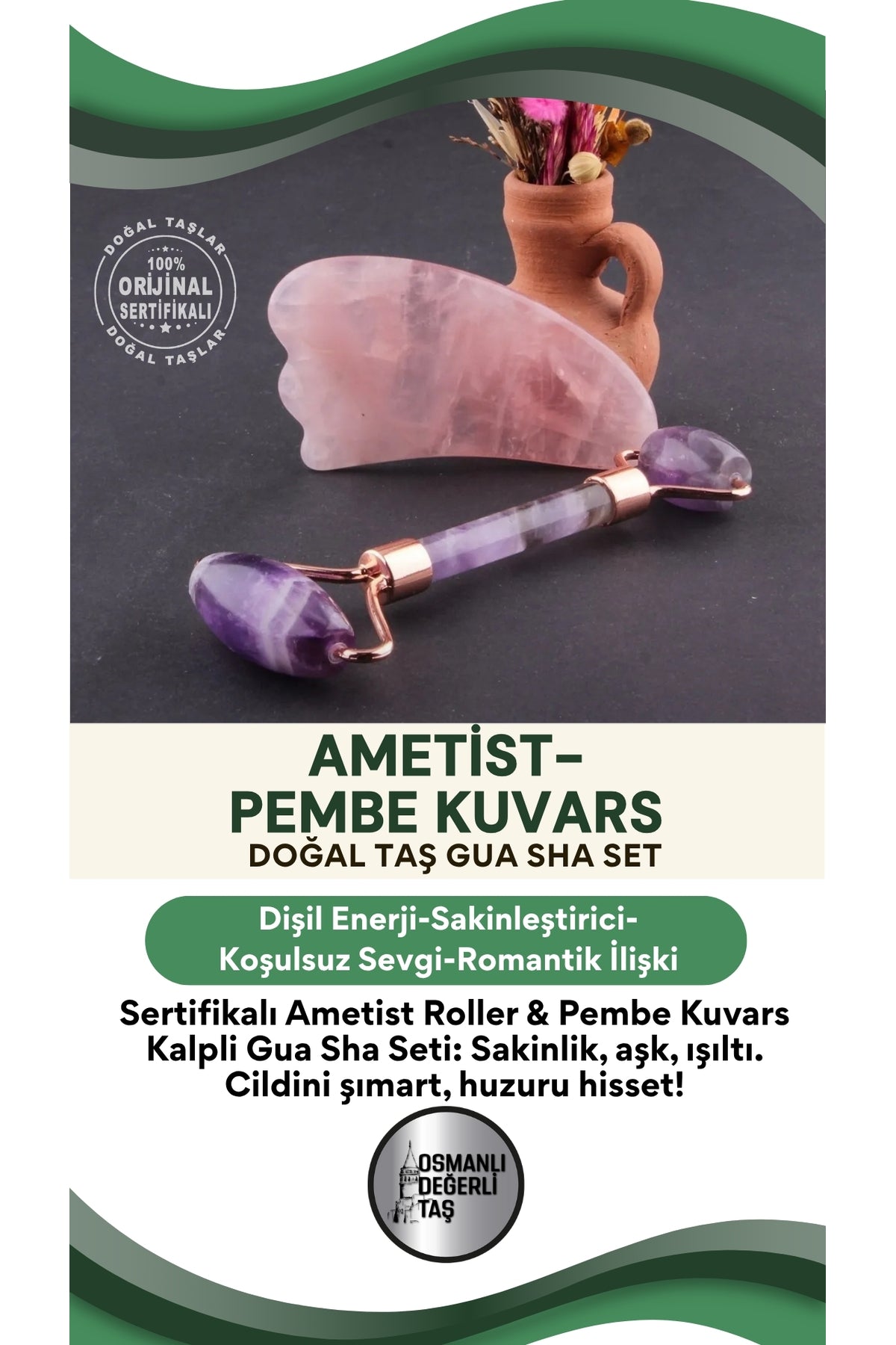 Ametist Doğal Taşı Roller ve Pembe Kuvars Doğal Taşı Kaz Ayağı Gua Sha Masaj Takımı Ma069