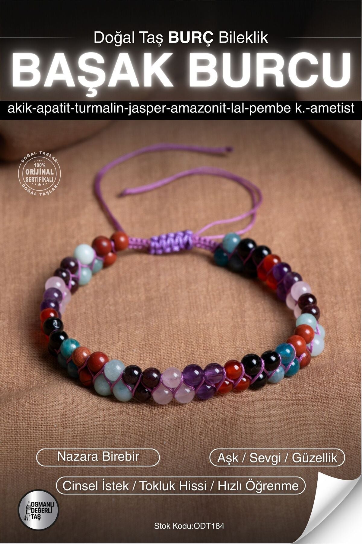 SERTİFİKALI Akik-Apatit-Turmalin-Jasper-Amazonit-Lal-Ametist Başak Burç Doğal Taş Bileklik ODT184