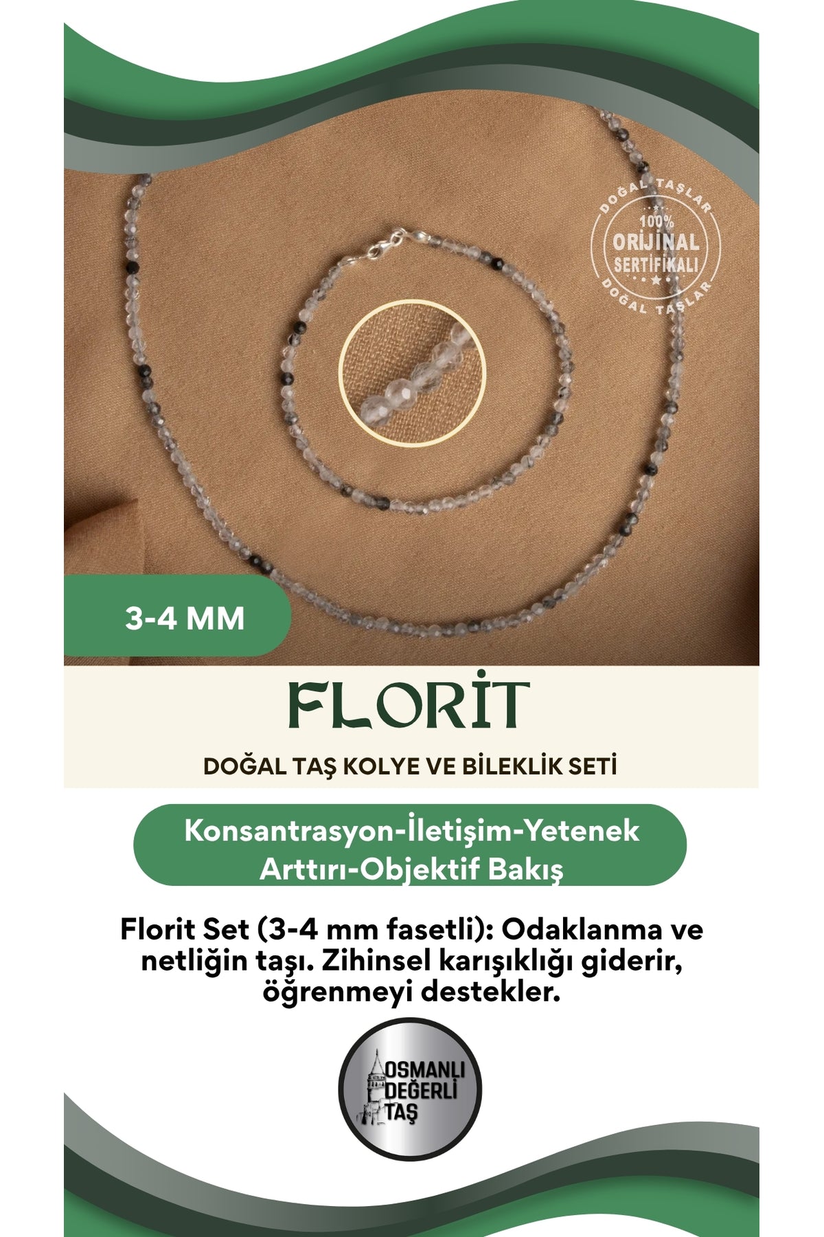 Sertifikalı Doğal Florit 3-4 mm Fasetli Kesim Kolye ve Bileklik Seti