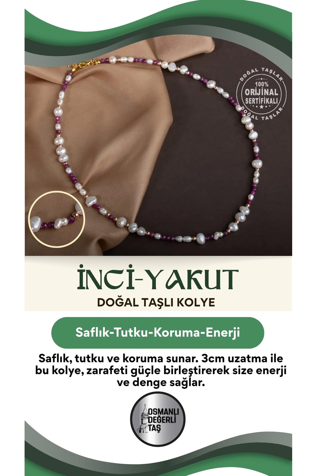 Inci-yakut Gümüş Kapama Doğal Taş Kolye (3CM UZATMA İLE BİRLİKTE)