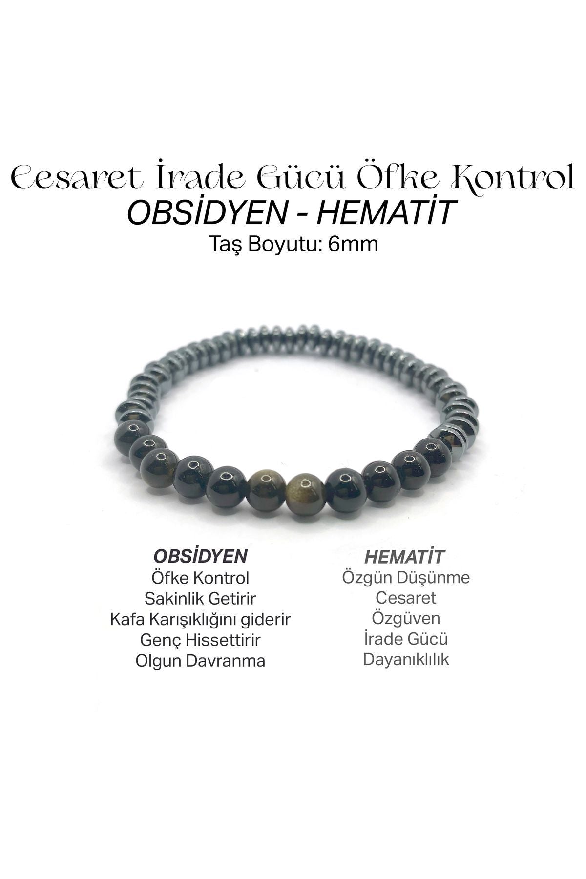 Hakiki Orijinal Sertifikalı 6mm Obsidyen - Hematit Doğal Taş Misinalı Bileklik