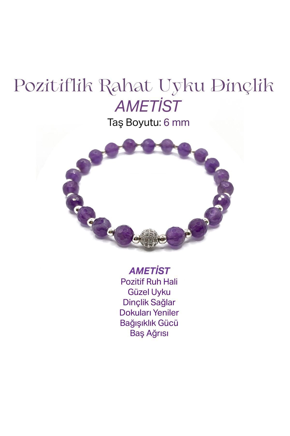 Sertifikalı Hakiki Orijinal 6mm Fasetli Ametist Doğal Taş Hematit-Zirkon Aparatlı Misinalı Bileklik