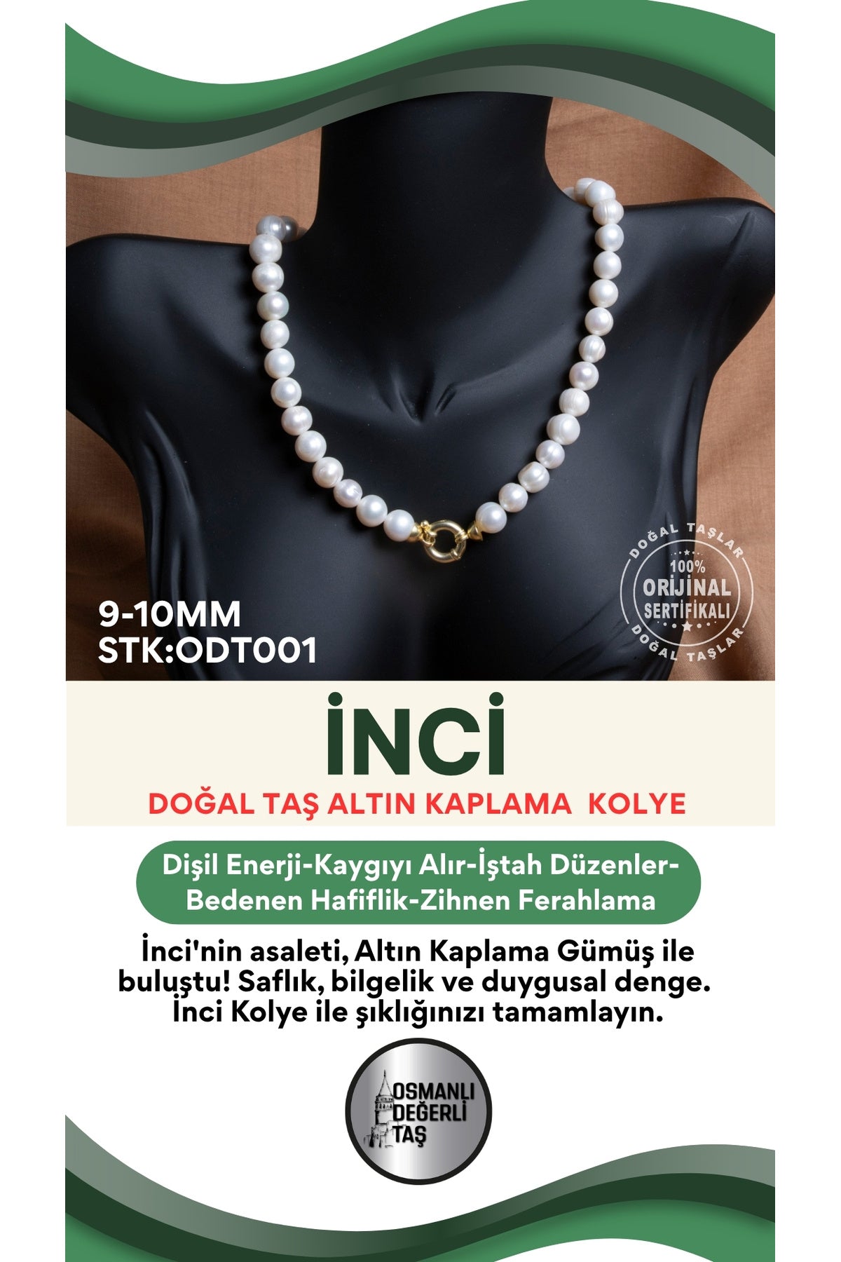 Sertifikalı Doğal Taş İnci Altın Kaplama 925 Ayar Gümüş Aparatlı Kolye ODT001