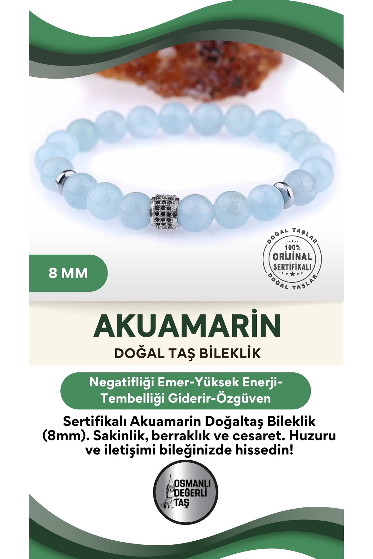 Sertifikalı Akuamarin (aquamarine)-doğaltaş Bileklik-8mm- B315