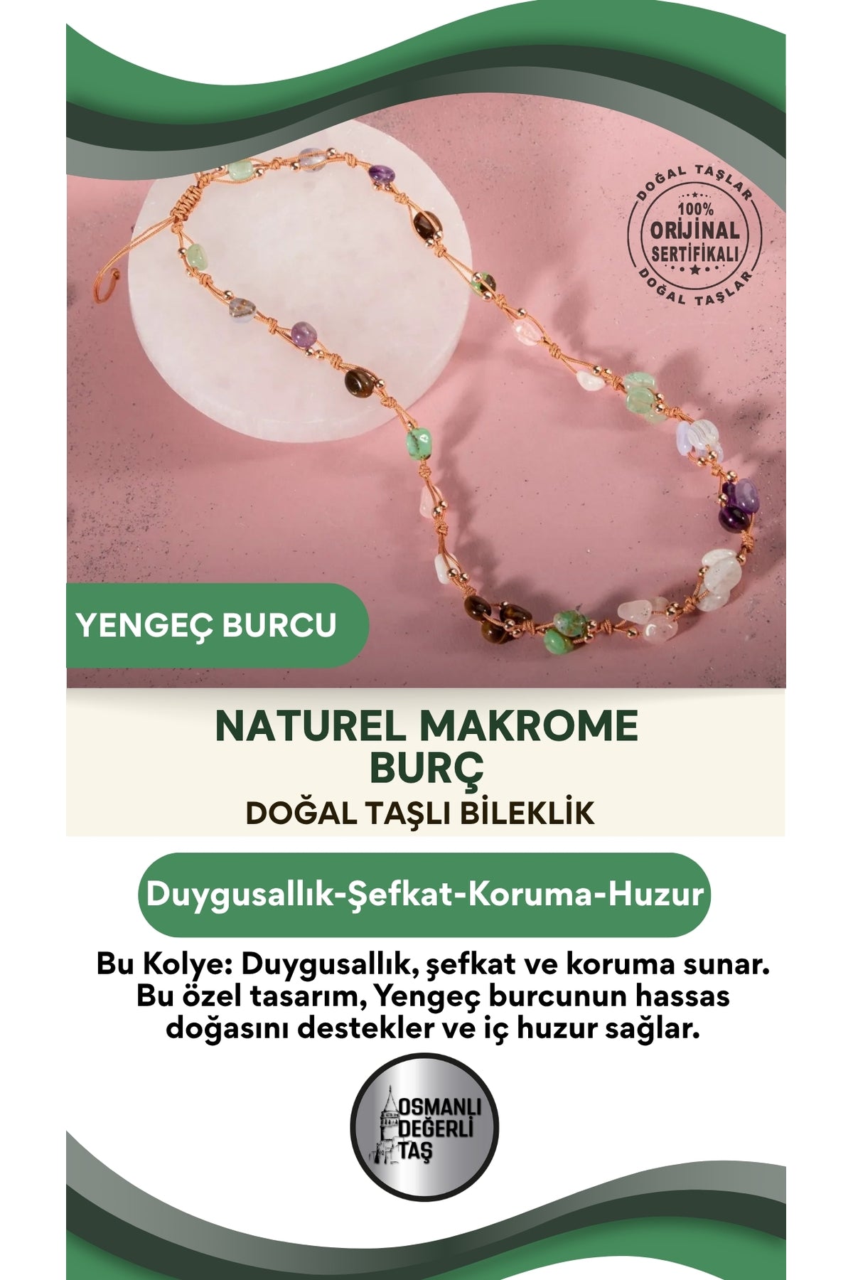 Yengeç Burcu Doğal Taş Natürel Makrome Kolye