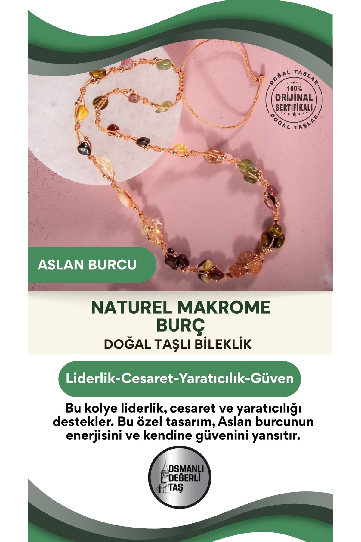 Aslan Burcu Doğal Taş Natürel Makrome Kolye