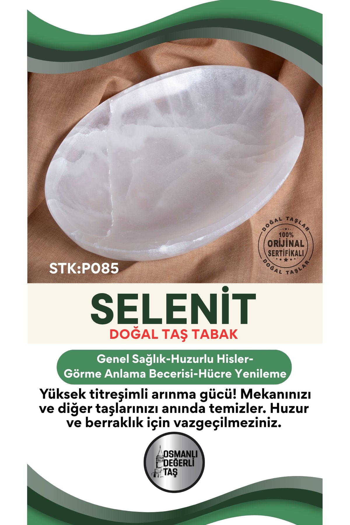 Sertifikalı Selenit Doğal Taş Elips Tabak No:7 P085