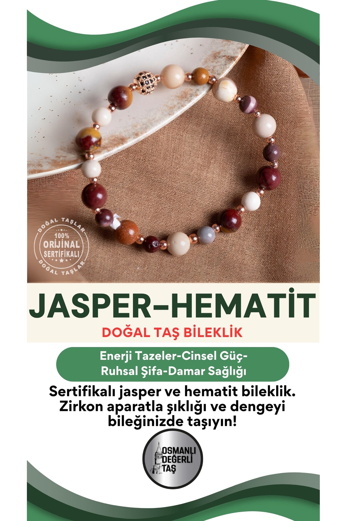 SERTİFİKALI Jasper-Hematit Doğal Taş Zirkon Aparatlı Bileklik 6-8 mm
