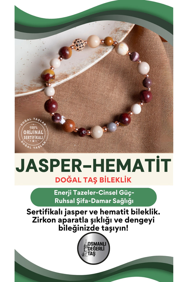 SERTİFİKALI Jasper-Hematit Doğal Taş Zirkon Aparatlı Bileklik 6-8 mm